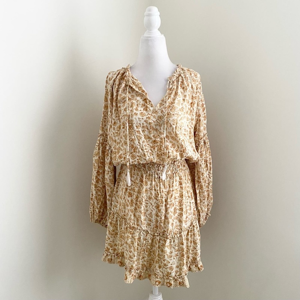 Natalie Martin Cream and Tan Floral Tiered Peasant Dress